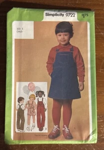 1980 Vintage SIMPLICITY Pattern 9722 Child's Overalls Jumper Size 3 UNCUT - Picture 1 of 4