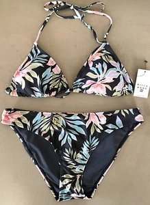 NWT BILLABONG BEACH BABE TRI BIKINI SET BLACK FLORAL TOP & BOTTOM SIZE MEDIUM - Picture 1 of 7