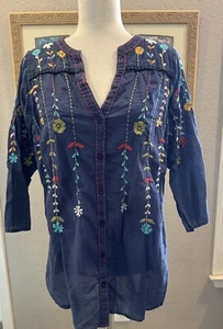 Shakti Wayward Fancies Tunika Top L Large 12 Boho Blumen bestickt dunkelblau - Bild 1 von 6