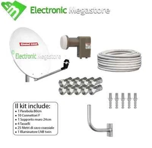 KIT PARABOLA SATELLITARE 80 LNB TWIN STAFFA MURO CONNETTORI F CAVO 5mm - Foto 1 di 1