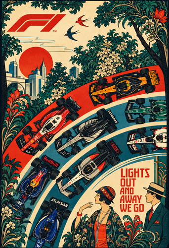 Formula 1 Racing Lights Out And Away We Go Vintage Style F1 Poster ...