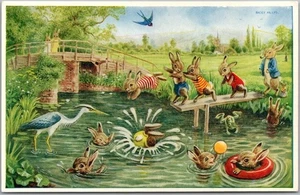 Artist-Signed RACEY HELPS Medici Postcard "THE DIVING BOARD" Rabbits / Pk. 274 - Picture 1 of 2