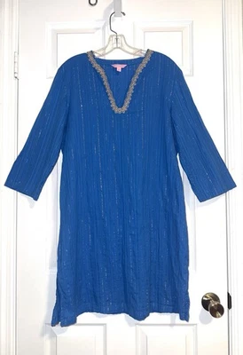 Vestido túnica caftán Lilly Pulitzer azul metálico dorado acento ribete cuello en V talla XL Foto 1 de 4