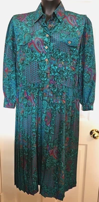 Винтажный Schrader 16P бирюзовый зеленый пейсли подходит Расклешенный Midi платье плиссированные юбки кнопки - Изображение 1 из 4