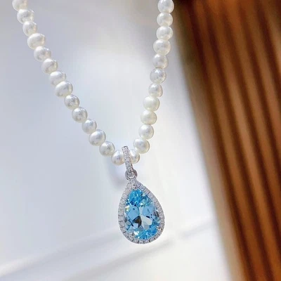 18K Gold Aquamarine “Mermaid Tear” Pendant – Droplet with Diamond Halo, No Chain - Image 1 of 4