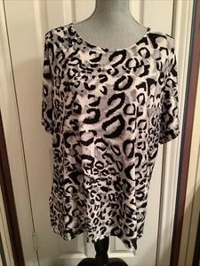 JM Collection Top Damen 1X Schwarz Grau Animal Polyester Jacquard Kurzarm - Bild 1 von 10