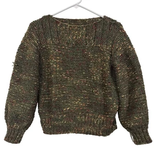 Handmade Knitted Wool Sweater Womens Green Multicolor Rib Cuff & Hem Size S - Picture 1 of 5