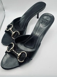 Gucci Mules Black Signature Monogram Horsebit Block Heel slip-on S 7.5 - Picture 1 of 6