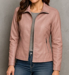 Womens Biker Slim Fit Stylish Leather Jacket Pink Color - Genuine Leather Jacket - Picture 1 of 4