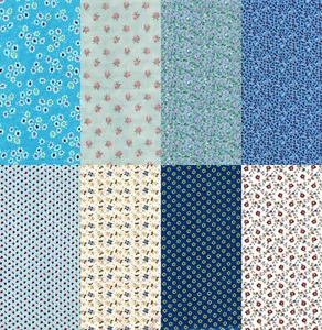 Lote de 8 cuartos de grasa de tela de algodón con estampado floral azul FQ - Imagen 1 de 9