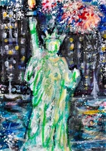 ACEO Original Painting NEW YORK CITY Firework SUMMER NY Statue Liberty Night ART - Picture 1 of 1