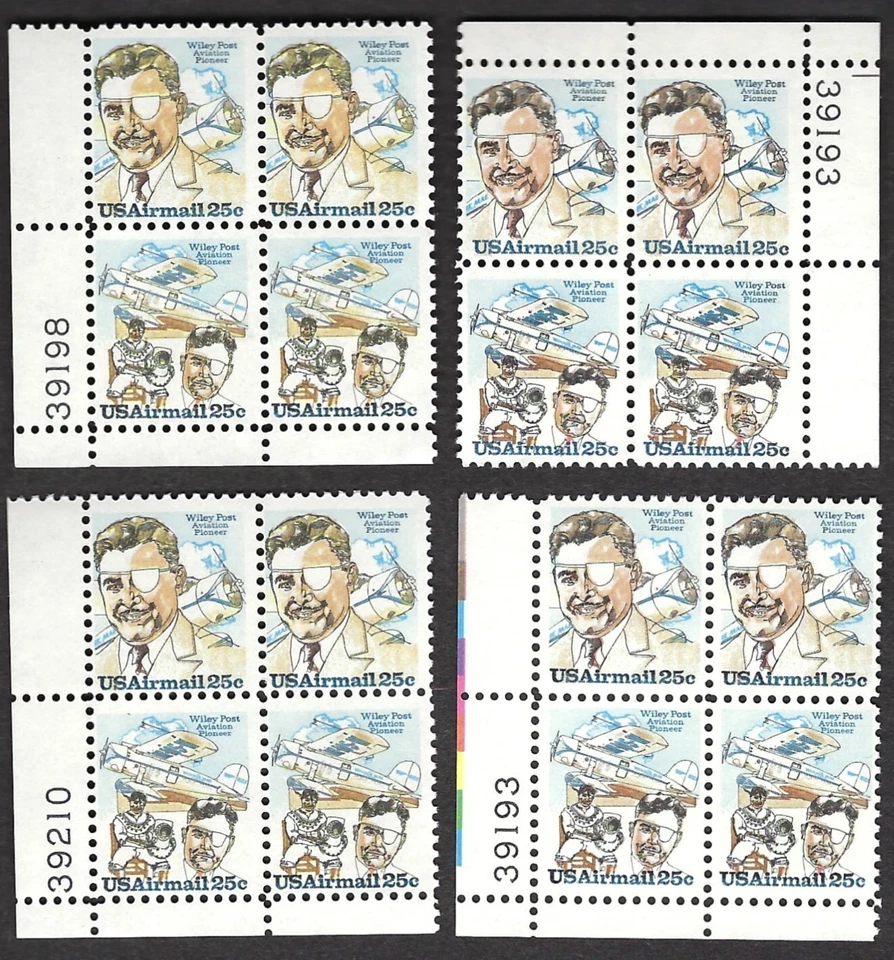 C95-96 MNH Plate Block of 4 25-cent stamps honoring Wiley Post, Aviation Pioneer - Image 1 of 1