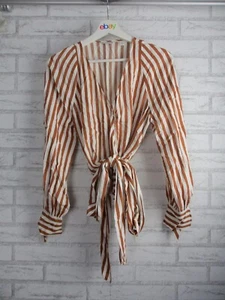 Country Road women's striped blouse shirt top brown white XS tie belt v-neck - Picture 1 of 11