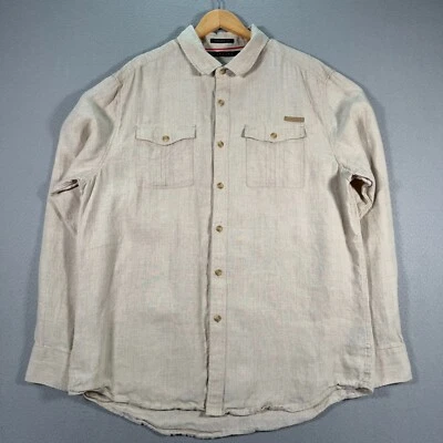 Sean John Linen Button Up Shirt Mens 3XL Tailored Fit Beige Flap Pockets Formal - Image 1 of 4