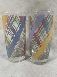 Vintage Pair 1980’s Pastel Striped Drinking Glass Blue Coral Purple Yellow - Picture 1 of 5