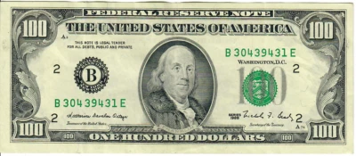 1988 100$ FRN - Small portrait - KDO/NFB B30439431E - #15287 - Image 1 of 2