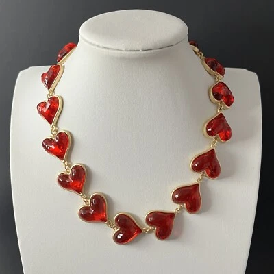 Red Gripoix Heart Choker Necklace Matte Gold Tone Resin Statement Y2K Style 16” - Image 1 of 4