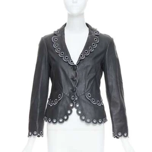 EMPORIO ARMANI 2009 black lambskin grey embroidered scalloped crop jacket IT40 S - Picture 1 of 10