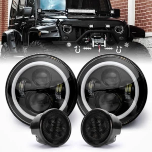 For Jeep Wrangler JK 2007-18 7" Round LED Headlights Turn Signal Light Combo Kit - Picture 1 of 15