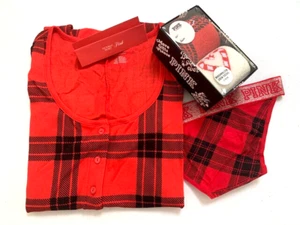 Qty 3 Victoria Secret PINK Red Plaid One Piece Pajamas+Socks+Panty Gift Set S - Picture 1 of 7