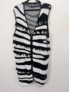 Taking Shape Sz L Black White Acrylic Striped Fringed Sleeveless Zip Up Vest - Picture 1 of 6