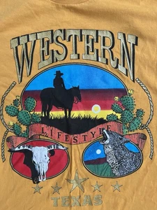 VTG Western T Shirt Mens XL YELLOW Short Sleeve Wolf Skull Cowboy USA 80’s Texas - Picture 1 of 7