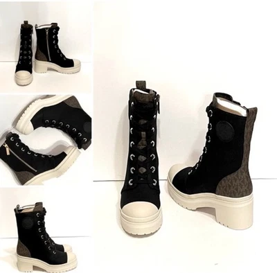 Michael Kors Mujer Botas Cuero Marrón Con Cordones Monograma Estampado Combate Talla 6M Foto 1 de 4