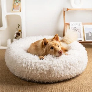 Calming Donut Dog Bed for Puppies & Small Dogs, Round Plush Cuddler with Chop... - Foto 1 di 6