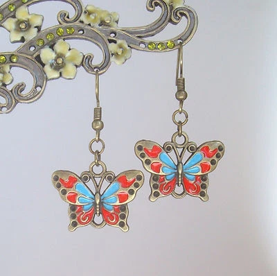 Vintage Bronze Red and Blue Enamelled Butterfly Dangly Victoriana Earrings - Image 1 of 3