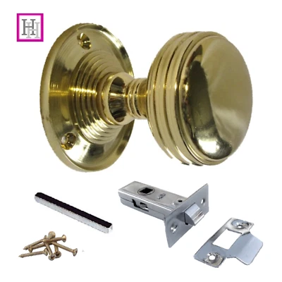 DOOR KNOBS SET Polished Brass Handle SETS MORTICE REEDED SPRUNG Round Internal - Image 1 of 4