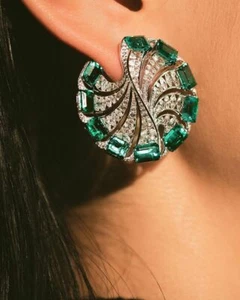 Colombian Octagonal Water Green Emerald With Clear White CZ Cluster Fine Earring - Picture 1 of 4