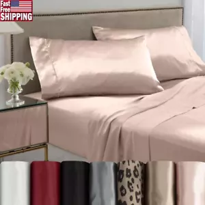Satin Silk Queen Sheet Set Soft Breathable Cozy 4pc Pink Gifts Machine Washable - Picture 1 of 7