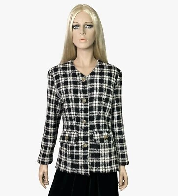 Chaqueta tweed lana cuadros vintage negro/blanco con botones plateados, talla S Foto 1 de 4