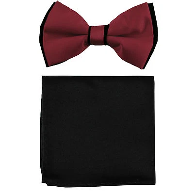 New Men's Two Tones Pre-tied Bow Tie & Hankie Set Burgundy Black formal wedding - Image 1 of 3