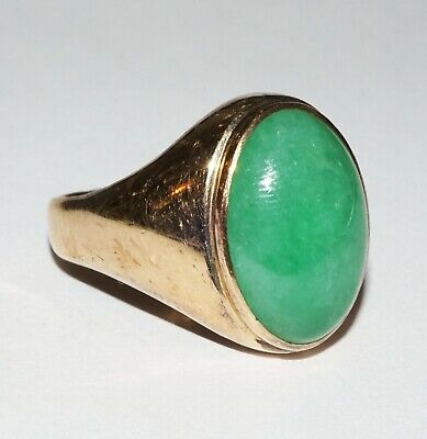 Vintage Chinese Yellow Gold Ring Sz.9 W. Attractive Green Jadeite Jade (TaL) • 1,888$