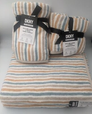 DKNY Eco Melange Blue Yellow Tan White Striped Bath & Hand Towel Set of 8 - Image 1 of 4