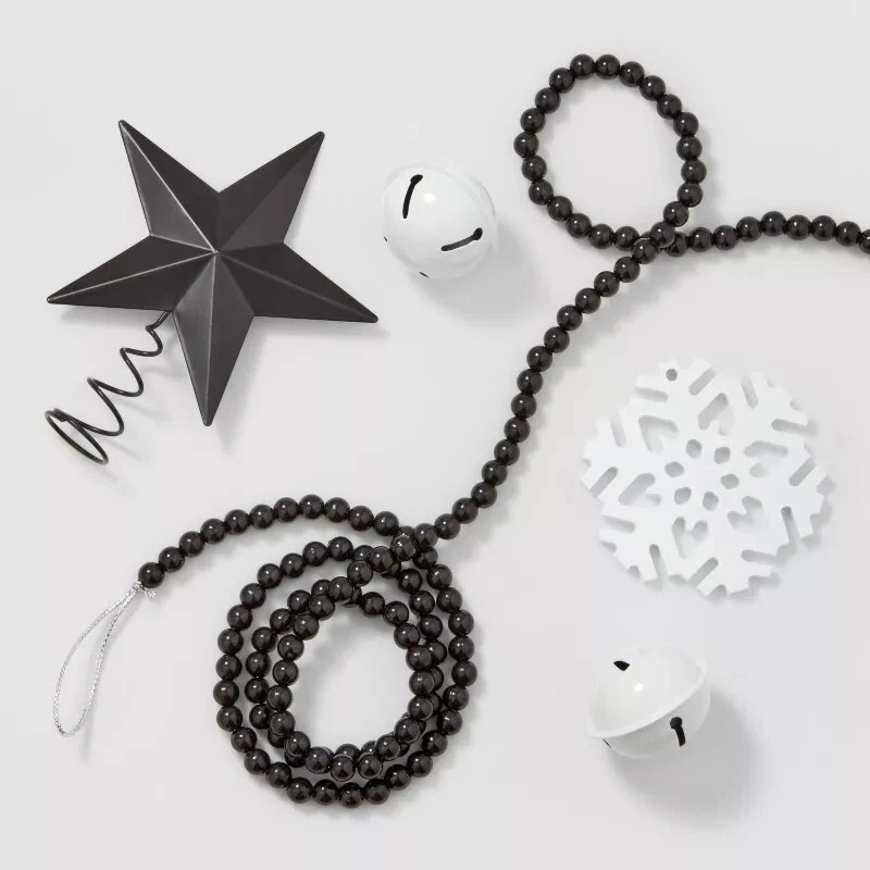 Wondershop 10ct Christmas Tree Ornament Set Black Star White Bells Garland