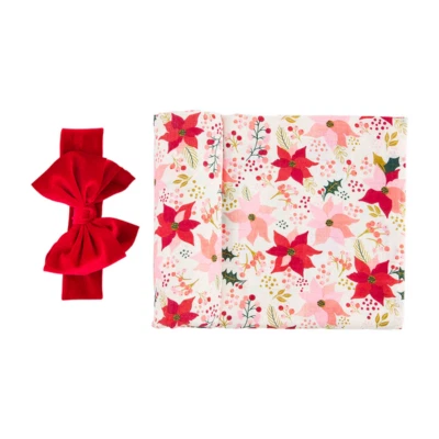 Mud Pie Baby Girl Christmas Poinsettia Floral Swaddle Blanket & Headband Set NEW - Image 1 of 2