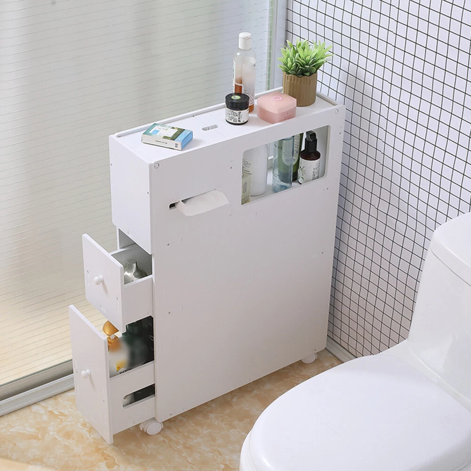 Slim Bathroom Storage Cabinet Floor Standing Toilet White Narrow Cupboard Shelf - Image 1 of 4