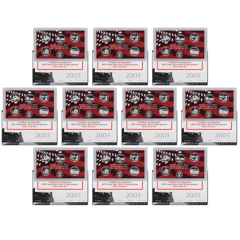 2005 S Proof State Quarter Set 10 Pack 90% Silver Original Boxes & COAs 50 Coins Cover