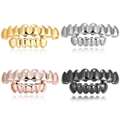 14k Gold Plated Hip Hop Teeth Grillz Caps Top Bottom Silver Grill Set Custom Fit - Image 1 of 4