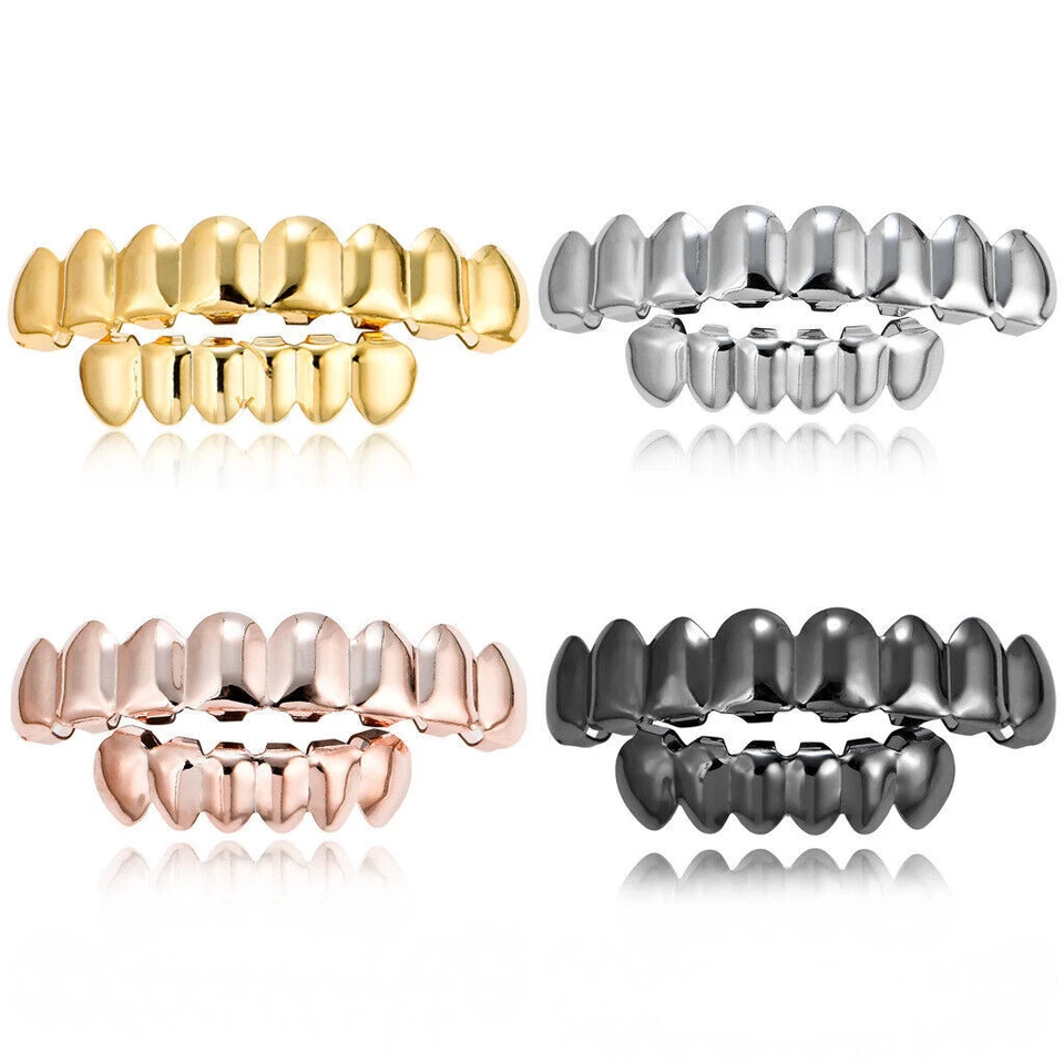 14k Gold Plated Hip Hop Teeth Grillz Caps Top Bottom Silver Grill Set Custom Fit - Image 1 of 4