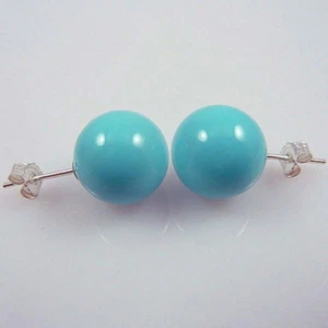 8/10/12MM Turquoise Blue South Sea Shell Pearl Round Beads Silve Stud Earrings - Picture 1 of 9