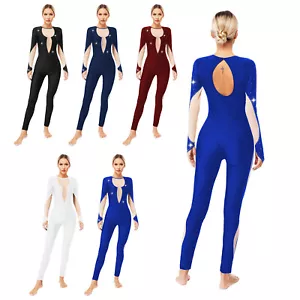 Womens Jumpsuit Dance Bodysuit Breathable Romper Mesh Dancewear Glittery Sheer - Picture 1 of 74
