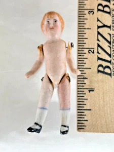 Antique 3" All Bisque Doll Young Child Germany - Ribbed Socks - Painted Eyes - Picture 1 of 10