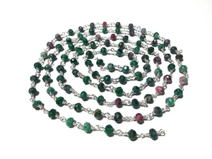 3 Feet Ruby Zosite Chalcedony Rondelle Faceted 4-4.5mm Beads, Silver Wire Chain - Picture 1 of 5