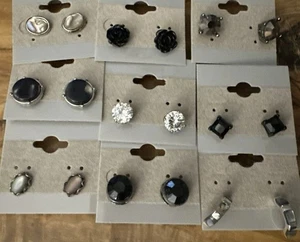 Lot Of 9 Stud Earrings Mother Of Pearl Black Gray CZ Hoop Flower Solitare Oval - Picture 1 of 11