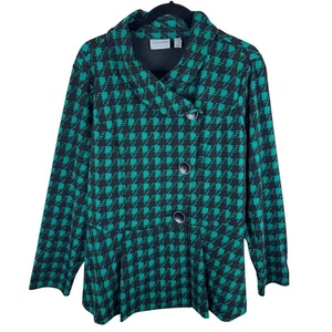 Susan Graver Green Black Houndstooth LK Fusion Asymmetrical Peplum Jacket Sz 2X - Picture 1 of 8