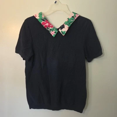 J. Crew Short Sleeve Sweater Med Floral Collar Navy Blue Womens Short Sleeve - Image 1 of 4