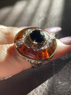 28 мм балтийский янтарь леопард печать Intaglio и оникс купол кольцо из чистого серебра 925NH - Изображение 1 из 4